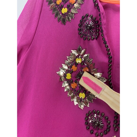 BOSTON PROPER Women’s SHEER EMBELLISHED V NECK TUNIC Top HOT PINK Sz S (flaw) - Picture 5 of 16